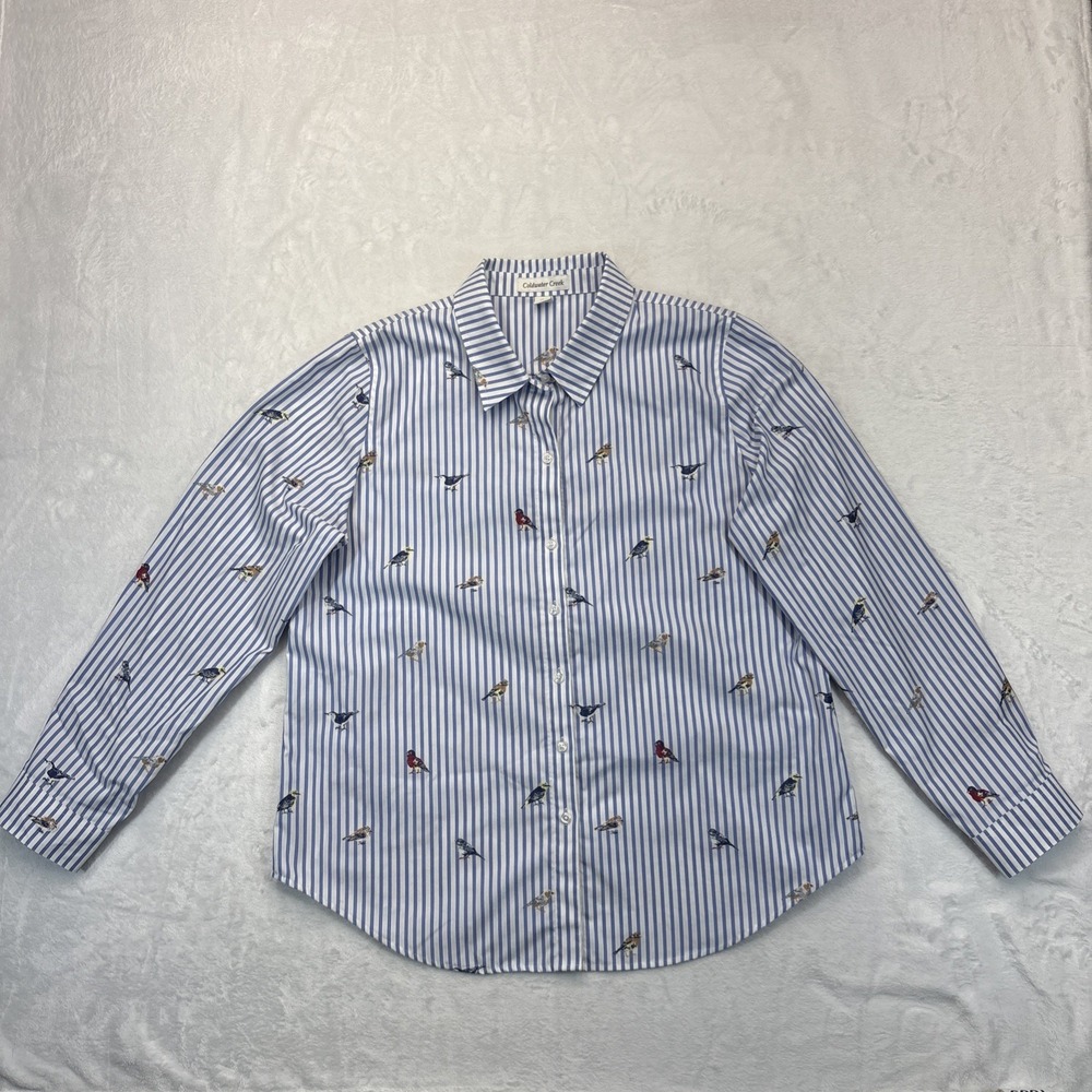 Coldwater Creek Embroidered Bird Print Shirt Sz 14 Cottagecore Preppy Striped